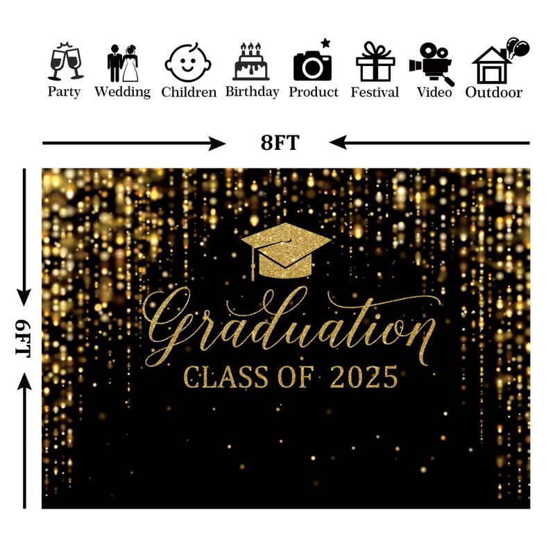 Msocio 8x6ft Polyester Black Congrats Graduation Backdrop Class of 2025 Photography Background Gold Bachelor Cap Celebration Party Decorations Banner Picture Photo Booth - Image 4